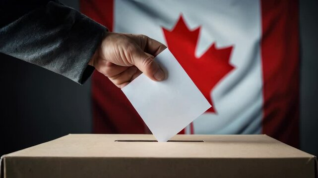 A Citizen Casting Their Vote in Canadas Federal Election with the Canadian Flag in the Background