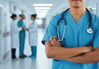 Confident Medical Professional in Hospital Corridor with Team in Background