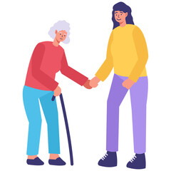 Volunteer Character Helping Elderly Isolated on White Background. Vector Illustration