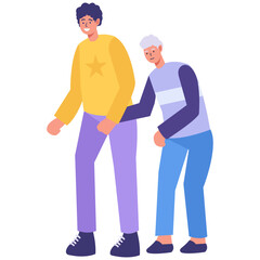 Volunteer Character Helping Elderly Isolated on White Background. Vector Illustration