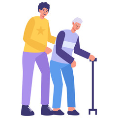 Volunteer Character Helping Elderly Isolated on White Background. Vector Illustration