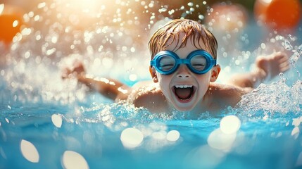 2410 29.A young boy in sport goggles and a swimming cap floats on a swim board, splashing playfully in the pool. His laughter and bright expression highlight the enjoyment of water sports and the