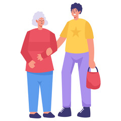 Volunteer Character Helping Elderly Isolated on White Background. Vector Illustration