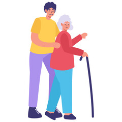 Volunteer Character Helping Elderly Isolated on White Background. Vector Illustration