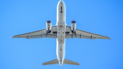 2410 59.An airplane with blank livery captured from below as it flies across a bright blue sky, its undercarriage and wings highlighted by the sunlight. The expansive sky around it creates a feeling