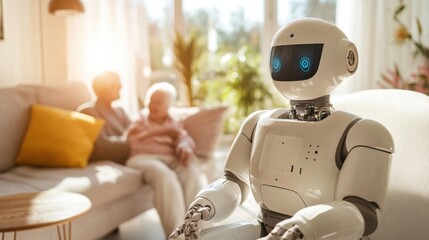 A humanoid robot with a compassionate expression, gently assisting an elderly person in a bright and cozy living room, warm and supportive home environment