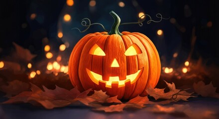 Fototapeta premium Enchanting Autumn Pumpkin Lantern Glowing in Twilight