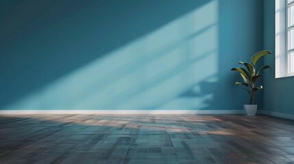 Blue Wall background in empty minimalist Room, AI generated image