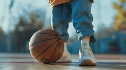 Naklejka premium 2410 4.A close-up of a childâ€™s hand gripping a basketball, feet planted firmly on the court as they prepare to make their next move. The focus is on the childâ€™s focus and agility, with the dynamic
