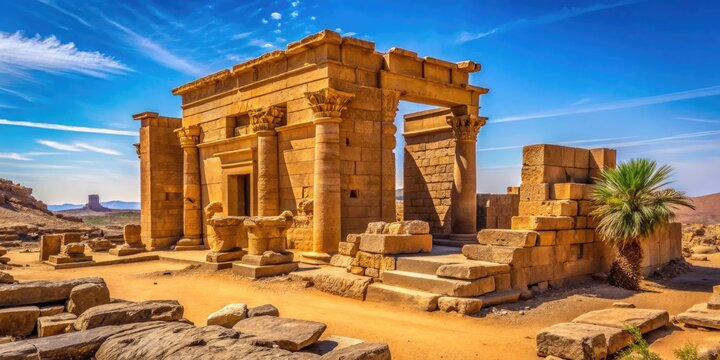 Amun Temple at Naqa Ruins in Sudan, Stunning Portrait Photography of Ancient Architecture Under Bright Sunshine, Captivating Details of Historic Carvings and Surrounding Landscape