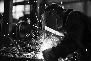 Industrial welder at work, black and white photo.