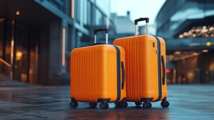 2410 70.Two orange suitcases in a 3D-rendered image, one slightly larger than the other, both with sturdy spinner wheels and telescopic handles extended. The suitcasesâ€™ smooth surface and vibrant