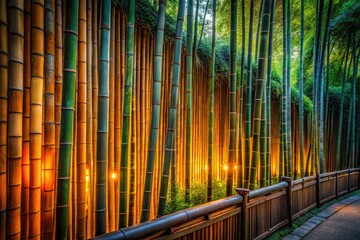 Obraz premium Bamboo Forest Wall Texture in Low Light for Zen Garden and Japanese Style Decoration with Natural Wood Patterns, Ideal for Tranquil Spaces and Aesthetic Interiors