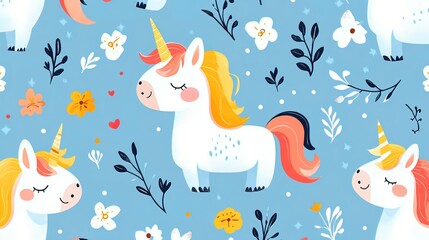 Naklejka premium Cute Unicorns and Flowers Seamless Pattern