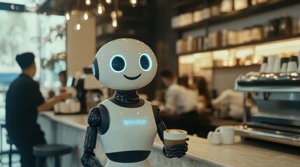 A humanoid robot with a friendly smile, serving coffee in a trendy, modern café with stylish decor and a bustling atmosphere
