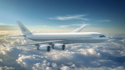 Obraz premium 2410 58.Side view of a large airplane gliding through the sky, its engines roaring as it travels above a layer of clouds. The minimalist white livery emphasizes the clean lines of the aircraft,