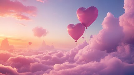 Fototapeta premium Heart-Shaped Balloons Floating in a Dreamy Pink Sky