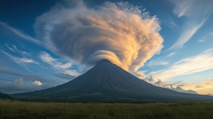 Fototapeta premium Swirling Clouds Over Majestic Volcano, dynamic movement of clouds enveloping a distant towering volcanic landscape, captivating natural spectacle