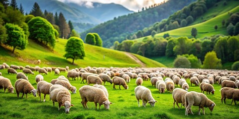 Obraz premium In a lush, sun-drenched hollow, the sheep graze peacefully, their forms blurred by the high depth of field.