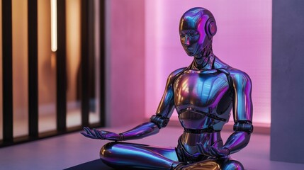 Fototapeta premium A humanoid robot with a metallic, iridescent finish, leading a yoga class in a tranquil