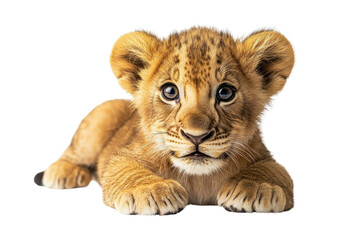 Obraz premium A cute baby lion, isolate on white background, small and adorable, showcasing innocence and charm. PNG
