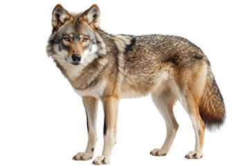 Fototapeta premium A majestic wolf standing confidently, isolate on white background, showcasing its wild beauty. PNG