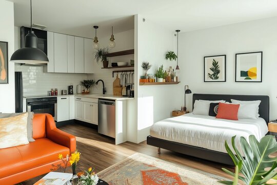 A bright and modern small apartment with a well-designed layout that includes a compact kitchen, a stylish living area, and a cozy bedroom nook, all filled with natural light.