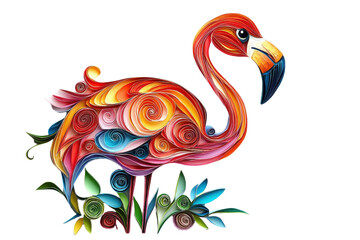 Obraz premium A multicolored paper art flamingo, isolate on white background, crafted from layered paper cuts. PNG