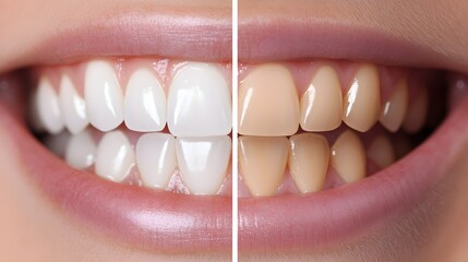 Detailed comparison of a patient's teeth before and after professional whitening, focusing on the striking difference in color and overall brightness