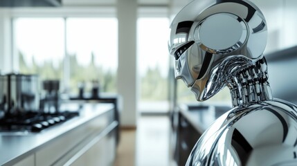 A humanoid robot with a reflective chrome surface, positioned in a sleek modern kitchen with advanced cooking appliances, ultra-modern and futuristic culinary setting