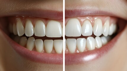 Clear before-and-after images of a teeth whitening transformation, with a testimonial highlighting the journey to achieving a dazzling, white smile