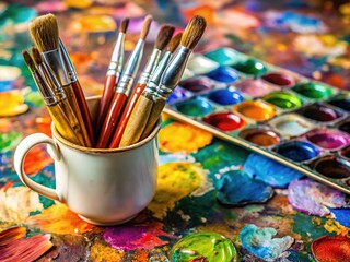 Fototapeta premium Macro lens captures the intricate textures of paintbrushes in a cup, surrounded by colorful paints.