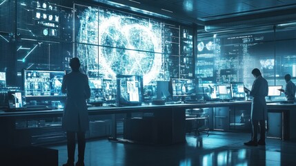 Two people in lab coats stand in a room with a large screen displaying data and visualizations.