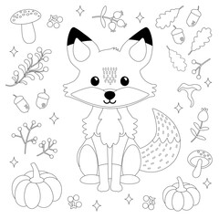 Cute fox illustration surrounded by autumnal nature elements like pumpkins, mushrooms, leaves, and acorns. Perfect for seasonal coloring activities and fall-themed designs