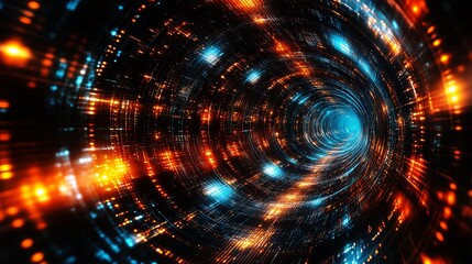 Obraz premium A mesmerizing digital tunnel swirling with vibrant blue and orange lights, creating a sense of motion and depth.