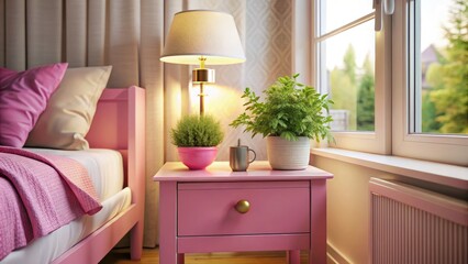 Cozy Pink Nightstand by the Window in a Stylish Bedroom - Tilt-Shift Photography, Soft Pastels, Natural Light, Interior Decor, Minimalist Design, Home Aesthetics, Serenity, Warm Vibes