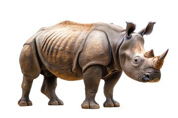 Obraz premium A rhinoceros standing proudly, isolate on white background, highlighting its impressive size and unique features. PNG