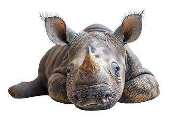 Obraz premium A baby rhinoceros, isolate on white background, with soft skin and an adorable expression. PNG