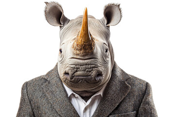 Obraz premium A rhinoceros in a suit, isolate on white background, presenting a charming and humorous appearance. PNG