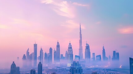Photograph the skyline during early morning, with soft light illuminating the buildings against a pastel sky.