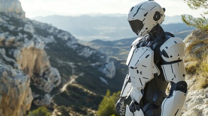 A humanoid robot with a rugged, outdoor-ready design, hiking along a scenic mountain trail surrounded by breathtaking natural landscapes
