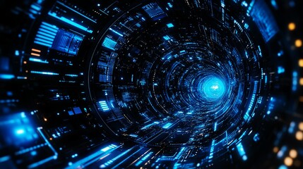 Obraz premium Futuristic digital tunnel with glowing blue lights and interconnected circuits.