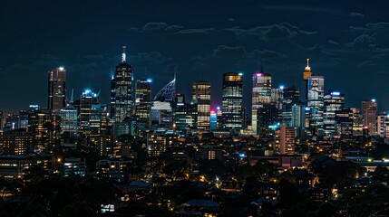 Capture the skyline at night, with lights from the buildings creating a vibrant cityscape.