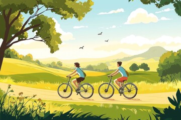 Obraz premium Two people riding bikes on a sunny day through a beautiful green landscape.