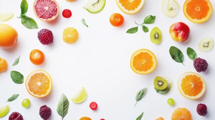 A vibrant arrangement of assorted fruits and leaves on a light background, showcasing colors and textures for a fresh, healthy aesthetic.