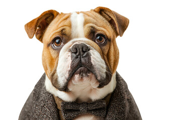 Fototapeta premium A Bulldog in a suit, isolate on white background, presenting a charming and sophisticated appearance. PNG