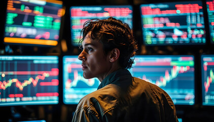 a close-up behind the shoulder of a person staring at a trading screen, financial charts and futures data flashing in vibrant colors, creating a dramatic mood