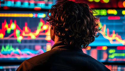 a close-up behind the shoulder of a person staring at a trading screen, financial charts and futures data flashing in vibrant colors, creating a dramatic mood