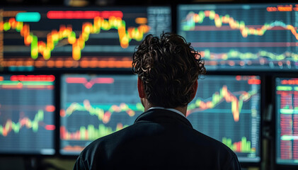 a close-up behind the shoulder of a person staring at a trading screen, financial charts and futures data flashing in vibrant colors, creating a dramatic mood