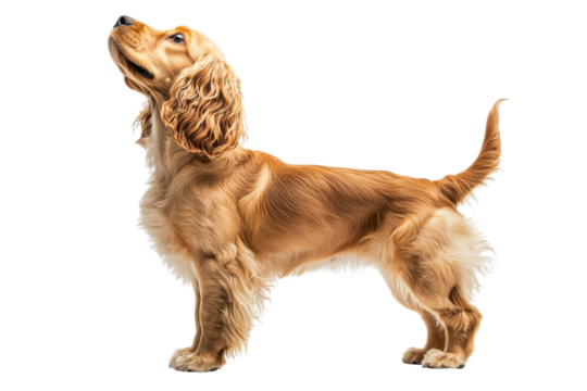 A Cocker Spaniel standing gracefully, isolate on white background, showcasing its long ears and friendly expression. PNG